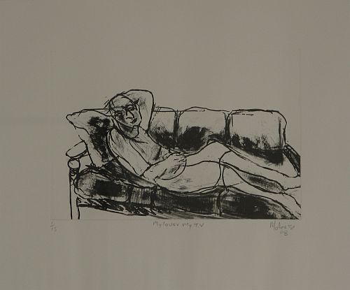 Click the image for a view of: Dumisani Mabaso. My lover My TV. 2009. Etching. 360X419mm